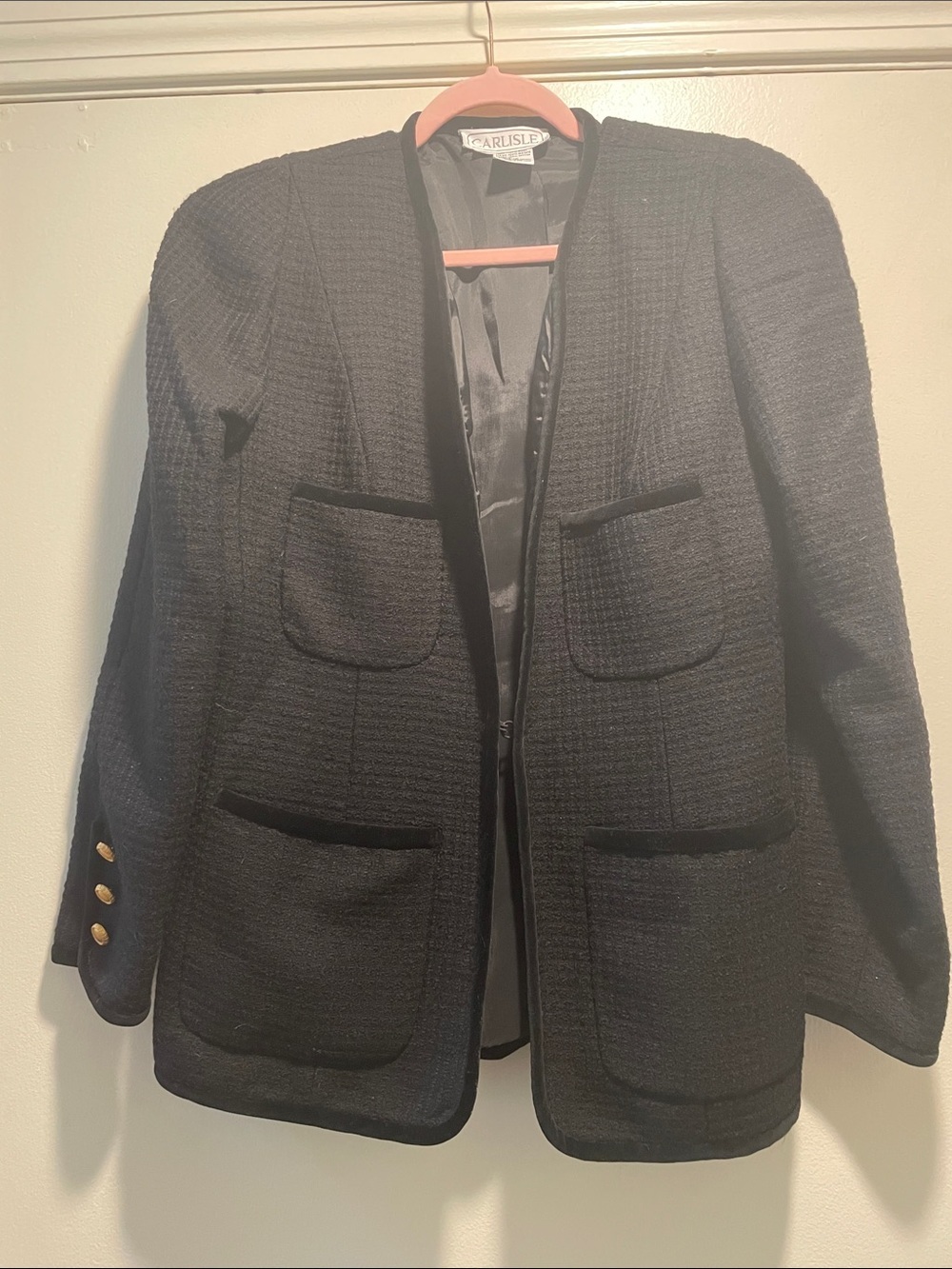 Carlisle Quiet Luxury Black Boucle Collarless Velvet-Trim Jacket